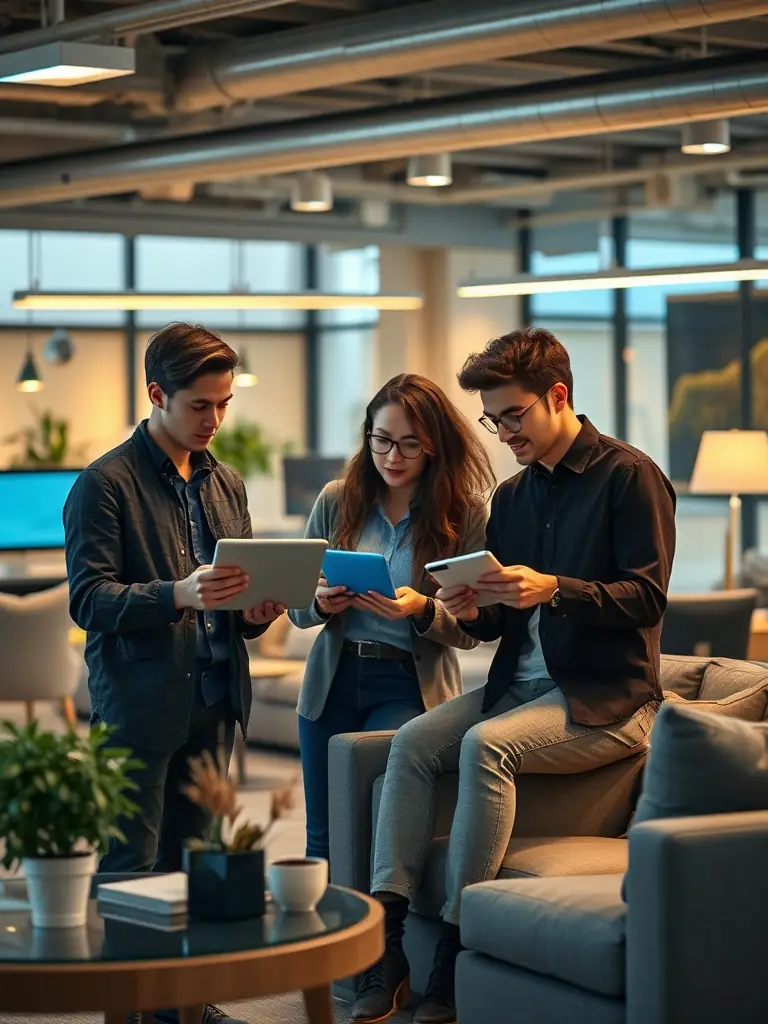 A diverse group of applicants working on laptops in a modern co-working space, collaborating on fintech solutions, symbolizing the collaborative environment of the Fintek Club accelerator program.
